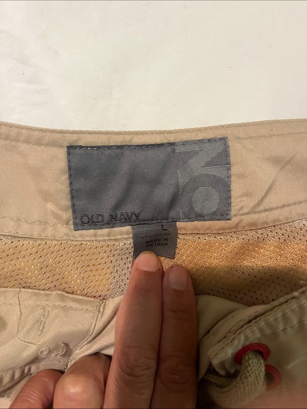 Old Navy Tan Swim Board Shorts with Red and Orange Stripes